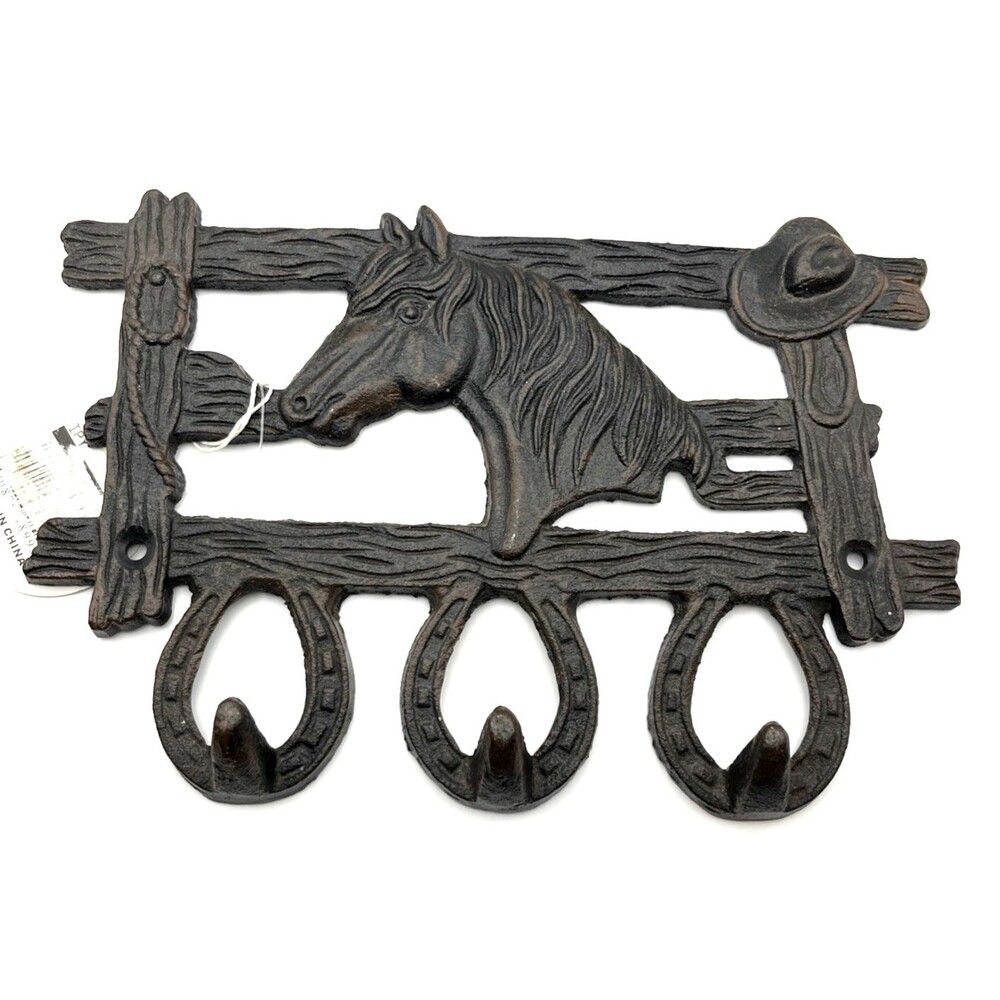 Cast Iron Horse Head Horseshoe Wall Hooks Tack Barn Equestrian Rustic Western